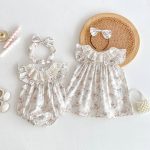 【66-130】ロンパースorワンピース ベビー 姉妹服 フラワー柄 - 画像 (2)