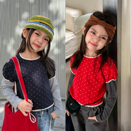 【80-130】長袖Ｔシャツ 女の子 ドット柄 レイヤード おしゃれ