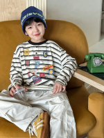 【90-160】長袖Tシャツ 男の子 ボーダー柄 プリント 柔らかい