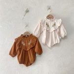 【66-90】ロンパース ベビー 花柄 刺繍 レトロ