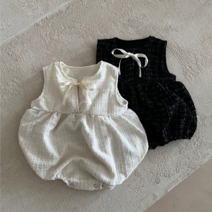 【66-90cm】ロンパース ベビー リボン付き ノースリーブ