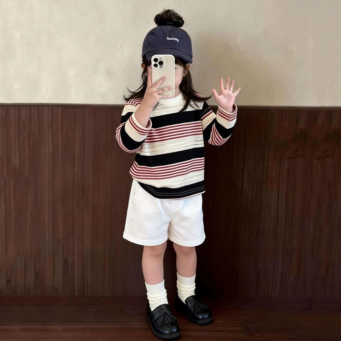 521139f4-e3c9-4d8a-a23a-dd502afb29f6.jpeg.a.jpeg 【80-130】長袖Tシャツ 女の子 ボーダー柄 韓国風 カジュアル - 画像 (1)