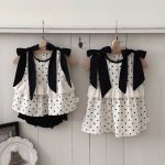 【73-100】ワンピースorセットアップ ベビー ドット柄 リボン - 画像 (2)