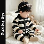 【66-90】ロンパース ベビー 暖かい ボーダー