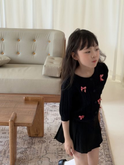 【100-150】カーディガン 韓国風 ニット 蝶結び 五分丈袖