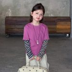 【100-170】長袖Tシャツ 女の子 レイヤード ボーダー柄 切り替え - 画像 (3)