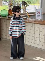 【90-160】パーカー ラウンドネック 配色 ストライプ 長袖 男の子 - 画像 (2)