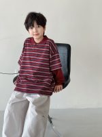 【90-160】Tシャツ 折り襟 ストライブ 切り替え 男の子 - 画像 (3)