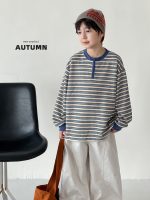 【73-110】Tシャツ ラウンドネック 長袖 ファスナー ストライブ 男の子