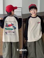 【90-160】Tシャツ 配色 切り替え プリント 長袖 カジュアル 男の子