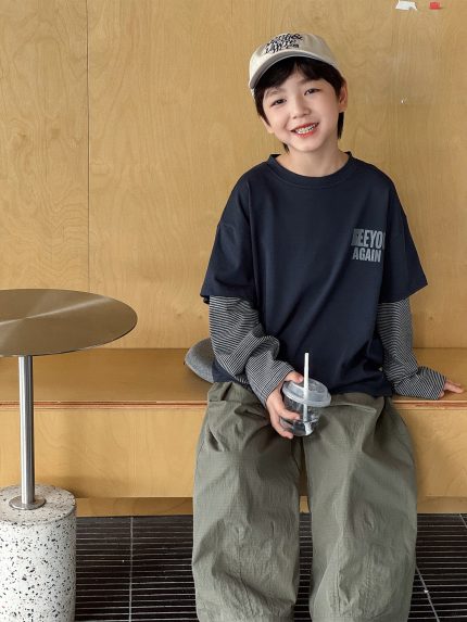 【90-160】長袖Ｔシャツ 男の子 レイヤード 英字 ファッション