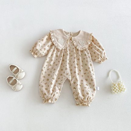 【66-90cm】オールインワン ベビー フラワー柄 折り襟