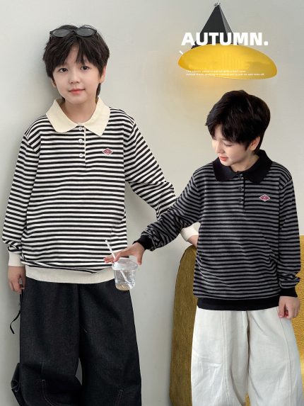 【90-160】セーター 折り襟 ストライブ 長袖 カジュアル 男の子