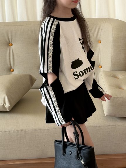 【100-150】Tシャツ ラウンドネック 長袖 配色 カジュアル 女の子