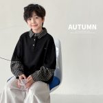 【90-160】Tシャツ 折り襟 チェック柄 長袖  男の子