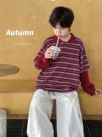 【90-160】Tシャツ 折り襟 ストライブ 切り替え 男の子
