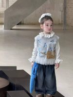 【80-130】ニットベストorシャツorデニムパンツ 女の子 ガーリー フリルデザイン