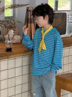 【90-160】Tシャツ ラウンドネック 長袖 ストライブ 合わせやすい 男の子 - 画像 (4)