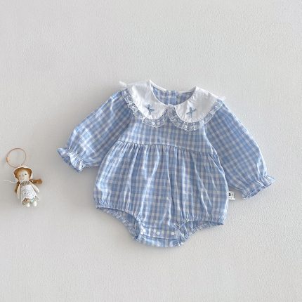 【66-90cm】ロンパース ベビー フリル襟 チェック