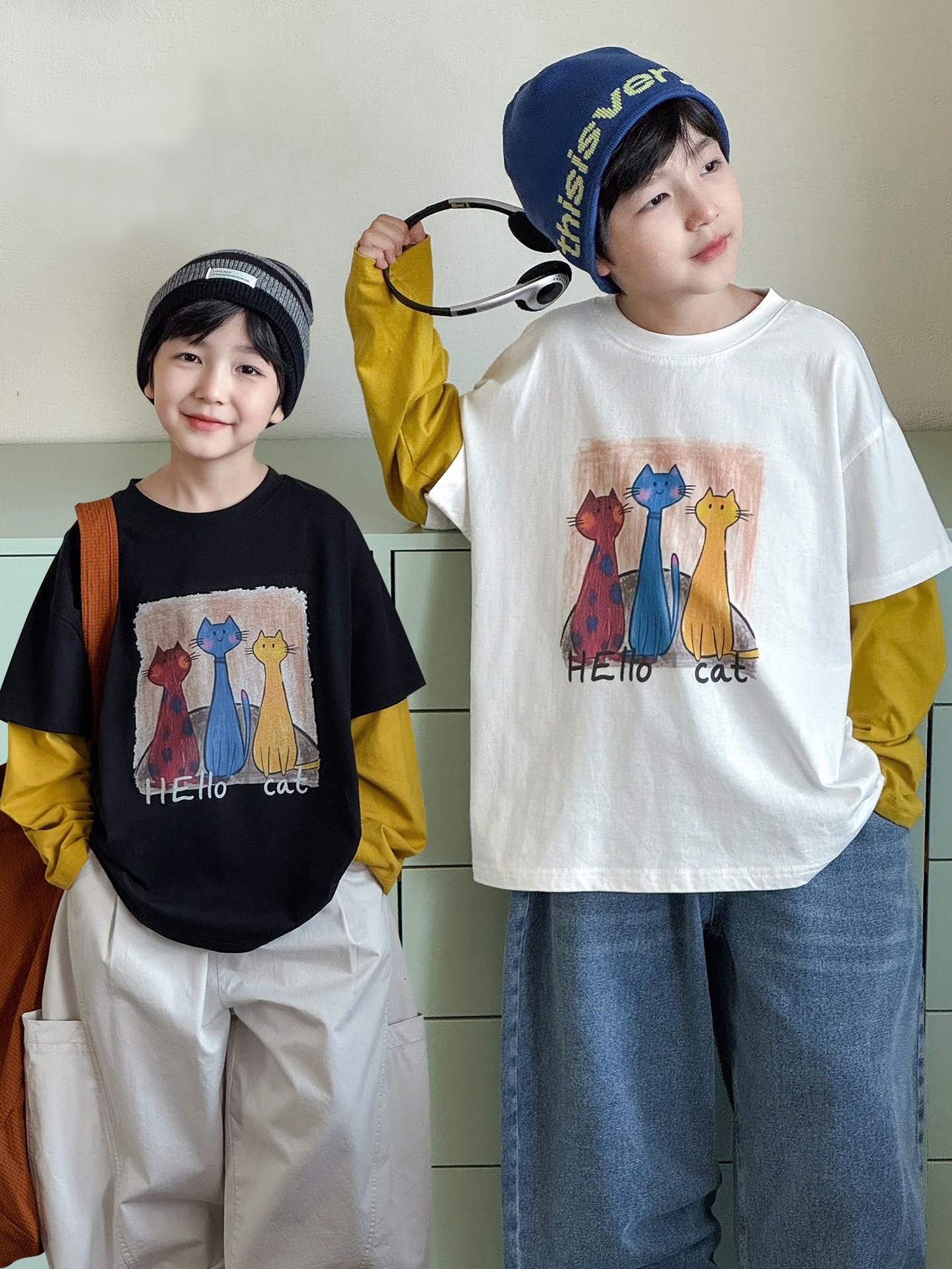 O1CN01jHLWwVGZ9nI2vHAO_!!3646241795-0-cib_副本 【90-160】長袖Tシャツ 男の子 レイヤード ネコ プリント - 画像 (1)