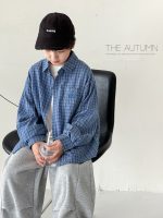 【90-160】アウター チェック柄 折り襟 長袖 刺繍 ゆったり 男の子