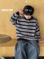 【90-160】カーディガン ラウンドネック 長袖 ニット ストライプ 男の子
