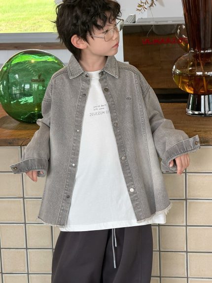 【90-160cm】アウター デニム 折り襟 無地 長袖 ゆったり 男の子