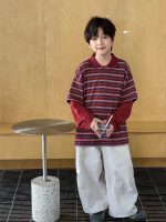 【90-160】Tシャツ 折り襟 ストライブ 切り替え 男の子 - 画像 (4)
