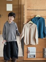 【90-160】セーター 折り襟 ニット 無地 柔らか 韓国風 男の子 - 画像 (6)