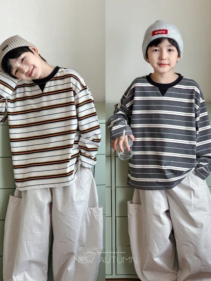 【90-160】Tシャツ ラウンドネック 長袖 ストライブ 配色 男の子