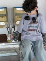 【90-160】パーカー ストライブ フェイク 切り替え ファッション 男の子