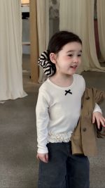【80-130】長袖Tシャツ 女の子 リボン ガーリー 合わせやすい