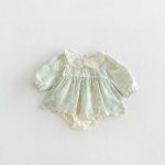 【66-90】ロンパース ベビー グリーン 花刺繡