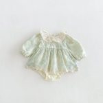 【66-90】ロンパース ベビー グリーン 花刺繡 - 画像 (2)