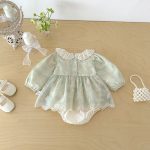 【66-90】ロンパース ベビー グリーン 花刺繡 - 画像 (6)