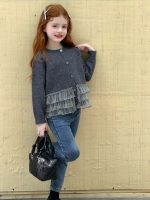 【90-150】ニットトップス 女の子 韓国風 ガーリー チュール切り替え