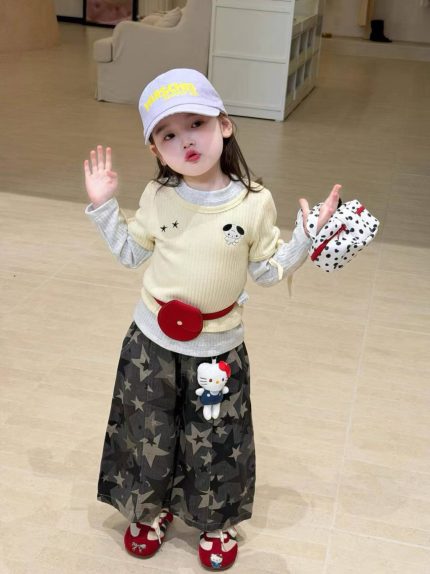 【80-130】Ｔシャツorパンツ 女の子 重ね着 トレンド カモフラージュ柄
