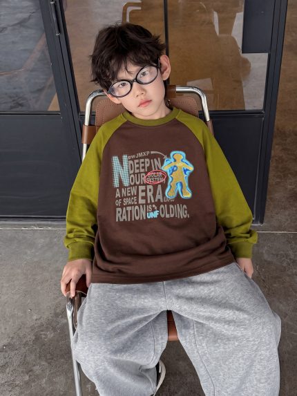 【90-160】長袖Tシャツ 男の子 トレンド 配色 プリント 着せやすい
