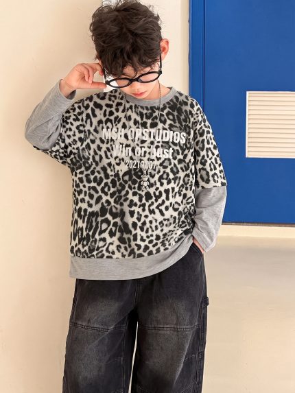 【90-160】長袖Ｔシャツorパンツ 男の子 カジュアル ヒョウ柄 レイヤード