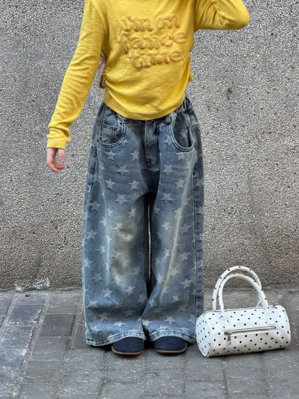 【90-150】デニムパンツ 女の子 アメカジ風 星柄 トレンド