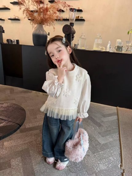 【80-130】シャツorニットベストorデニムパンツ 女の子 ガーリー