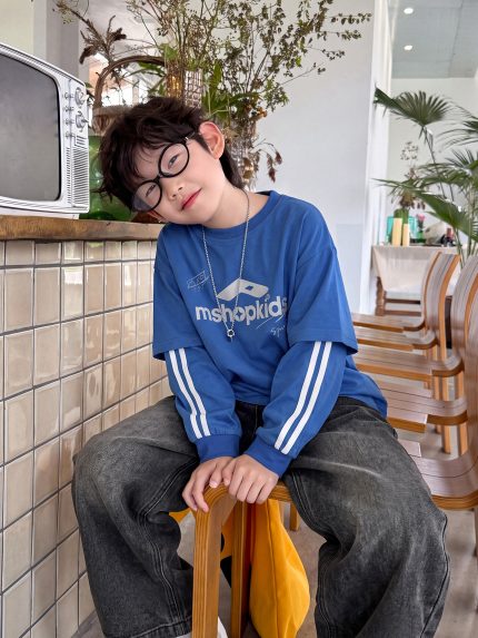 【90-160】長袖Ｔシャツorデニムパンツ 男の子 トレンド レイヤード風