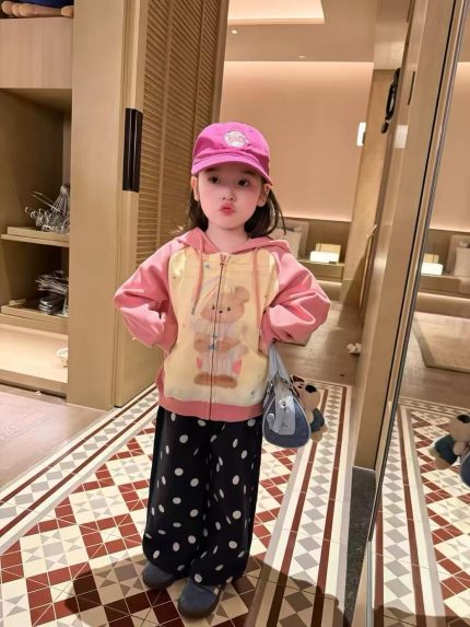 【80-130】ジップパーカーorパンツ 女の子 フード付き カートゥーン ドット柄