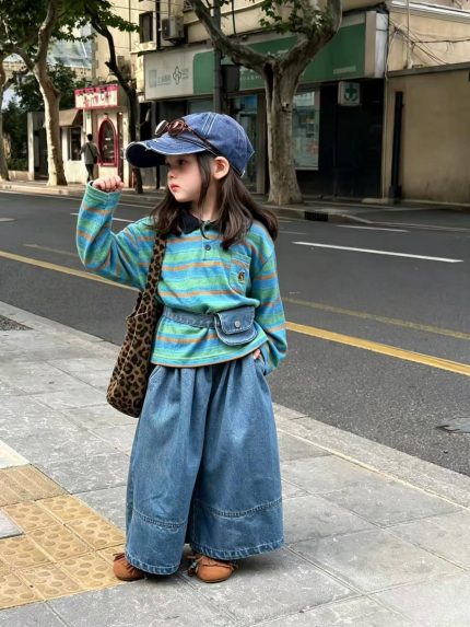 【80-130】長袖Tシャツorワイドパンツ 女の子 韓国風 ボーダー柄 レトロ