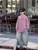 【90-160】長袖Tシャツorデニムパンツ 男の子 韓国風 ボーダー柄 カジュアル - 画像 (4)