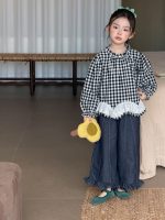 【100-150】ブラウスorデニムパンツ 女の子 フリル チェック柄 カジュアル