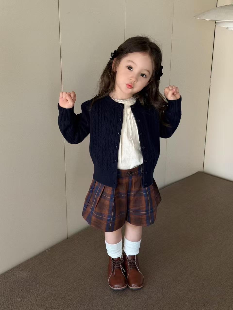 主图-06 (1) 【80-140】ニットカーディガン コーデセット 女の子 レイヤード トレンチコート 長袖シャツ ショートパンツ - 画像 (1)