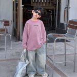 【90-160】長袖Tシャツorデニムパンツ 男の子 韓国風 ボーダー柄 カジュアル
