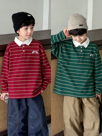 【90-160】長袖Ｔシャツ 男の子 ポロシャツ ボーダー柄