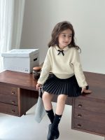 【90-150】ニットトップス 女の子 丸襟 ガーリー リボン付き - 画像 (3)